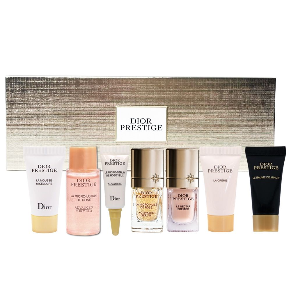  Dior Prestige Set 7 item with Gold Case ,Prestige la mousse micellaire 5g , Prestige la micro lotion de rose advanced formula 10ml  , Prestige Le Micro Serum de Rose Yeux Advanced 3ml , Prestige la micro huile de rose advanced serum 5ml - Prestige Le Nectar Premier 5ml - Prestige La Creme Intensive Repairing Creme 5ml , Prestige la Creme Intensive Repairing Creme 5ml